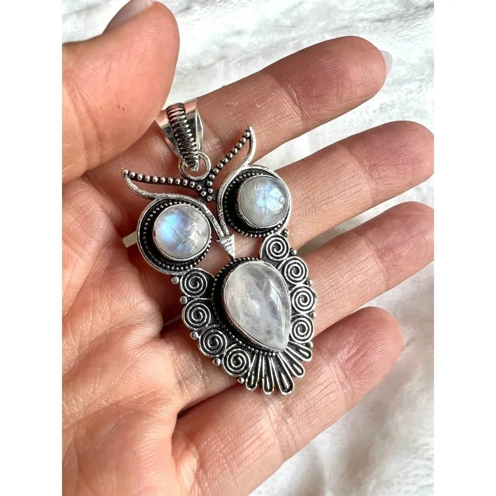 925 OWL Spirit Guide Rainbow Flash Moonstone Pendant Necklace